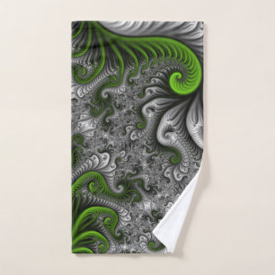 Fantasy World Green And Grey Abstract Fractal Art Hand Towel