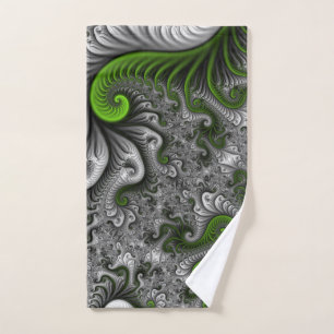 Fantasy World Green And Grey Abstract Fractal Art Hand Towel
