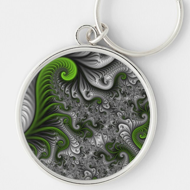 Fantasy World Green And Grey Abstract Fractal Art Keychain (Front)