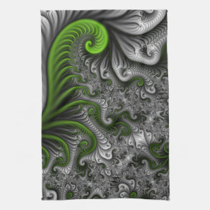 Fantasy World Green And Grey Abstract Fractal Art Kitchen Towel