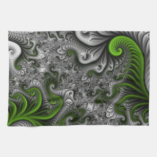 Fantasy World Green And Grey Abstract Fractal Art Kitchen Towel