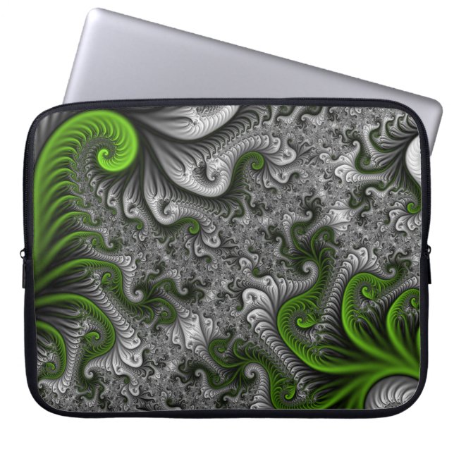 Fantasy World Green And Grey Abstract Fractal Art Laptop Sleeve (Front)