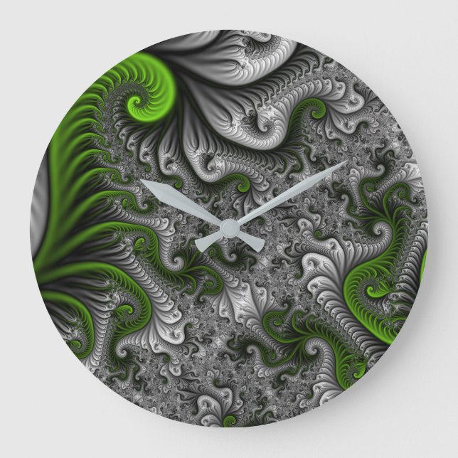 Fantasy World Green And Grey Abstract Fractal Art Large Clock (Front)