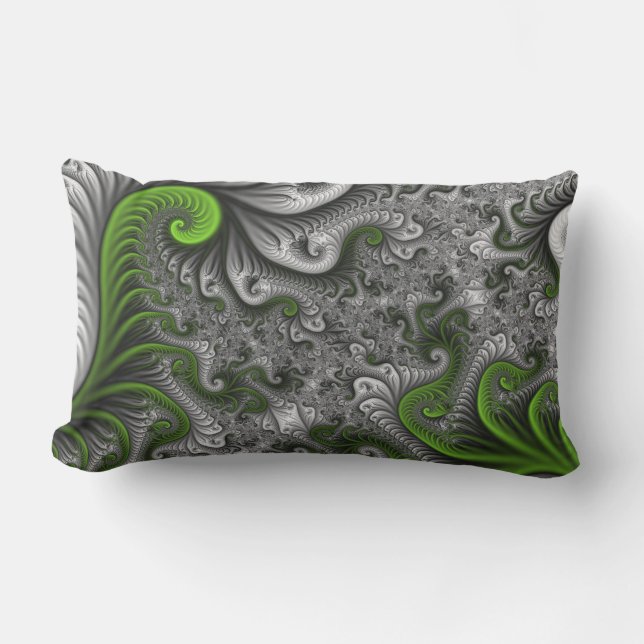 Fantasy World Green And Grey Abstract Fractal Art Lumbar Pillow (Front)