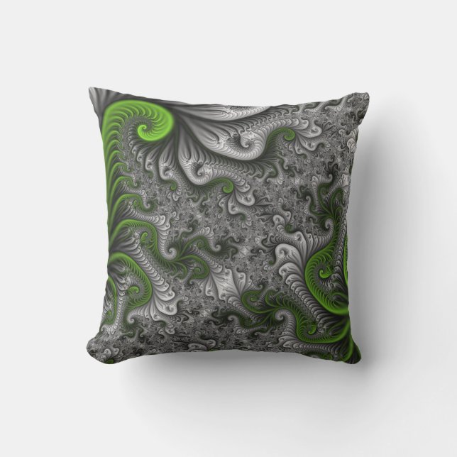 Fantasy World Green And Grey Abstract Fractal Art Outdoor Pillow (Front)