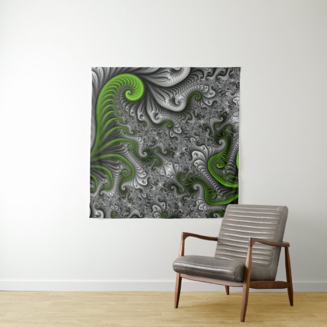 Fantasy World Green And Grey Abstract Fractal Art Tapestry (In Situ)