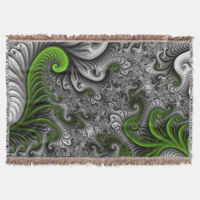 Fantasy World Green And Grey Abstract Fractal Art Throw Blanket (Front)