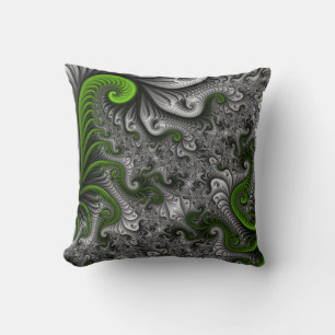 Fantasy World Green And Grey Abstract Fractal Art Throw Pillow