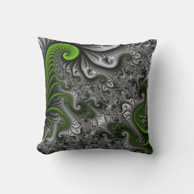 Fantasy World Green And Grey Abstract Fractal Art Throw Pillow (Front)