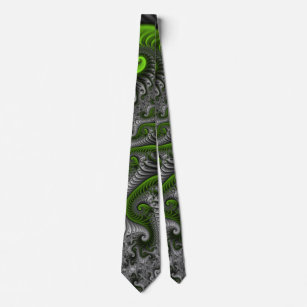 Fantasy World Green And Grey Abstract Fractal Art Tie