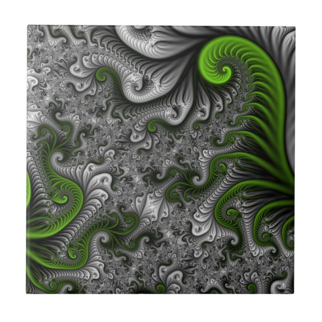 Fantasy World Green And Grey Abstract Fractal Art Tile (Front)