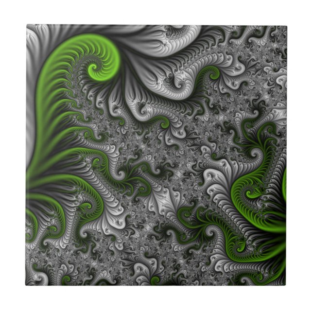 Fantasy World Green And Grey Abstract Fractal Art Tile (Front)