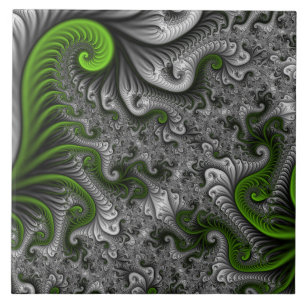 Fantasy World Green And Grey Abstract Fractal Art Tile