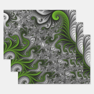 Fantasy World Green And Grey Abstract Fractal Art Wrapping Paper Sheet