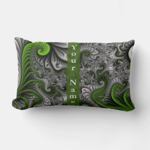 Fantasy World Green Grey Abstract Fractal Art Name Lumbar Pillow