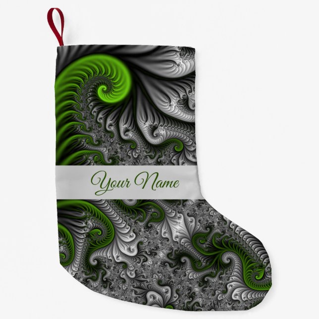 Fantasy World Green Grey Abstract Fractal Art Name Small Christmas Stocking (Front)