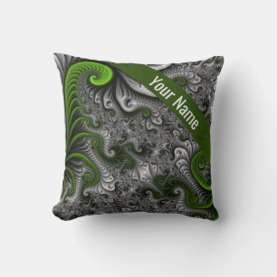 Fantasy World Green Grey Abstract Fractal Art Name Throw Pillow