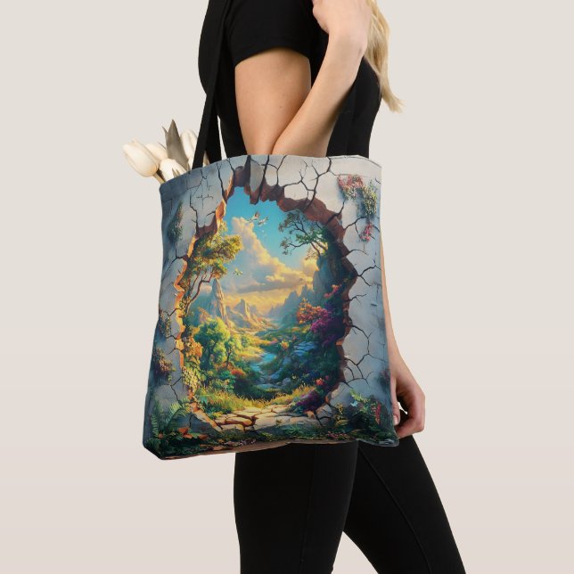Fantasy World Through a Cracked Wall Design Tote Bag (Close Up)