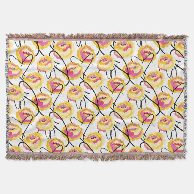 Fantasy Yellow Roses Black Grunge Ink lines  Throw Blanket (Front)