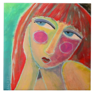 Far Away Abstract Portrait of a Red Haired Woman Tile