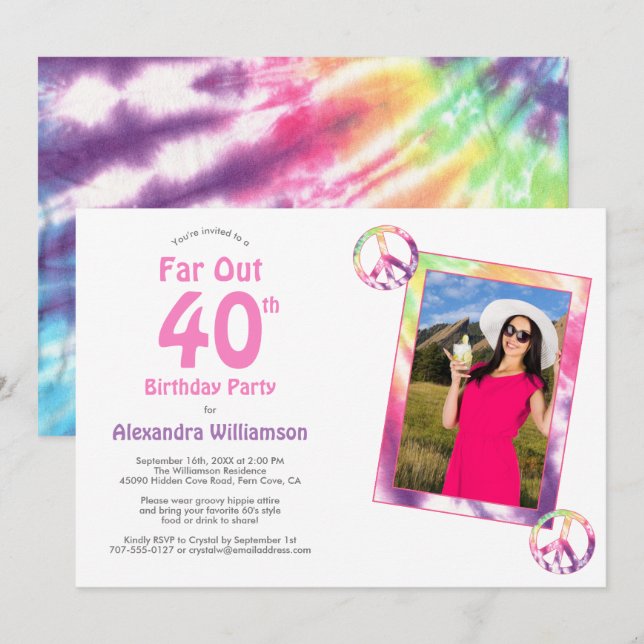 Far Out 40th Groovy Tie Dye Birthday Party Photo Invitation (Front/Back)