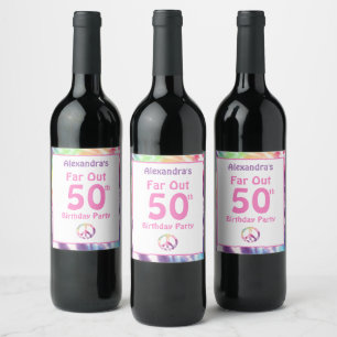 Far Out 50th Groovy Tie Dye Birthday Name Party Wine Label