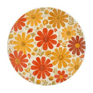 Far Out Cheerful Retro Daisies Burnt Orange Gold Cutting Board