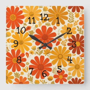 Far Out Cheerful Retro Daisies Burnt Orange Gold Square Wall Clock