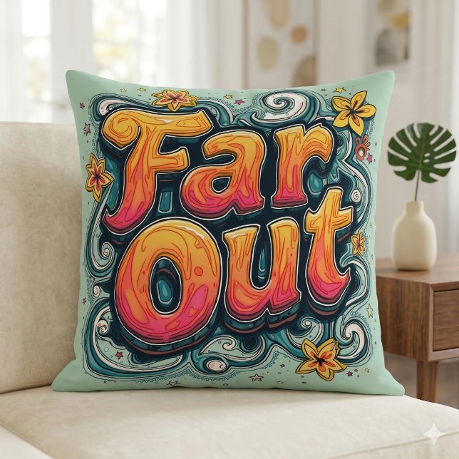 Far Out Retro 70s Psychedelic Groovy Hippie Throw Pillow (Far Out Retro 70s Psychedelic Groovy Hippie Throw Pillow Mockup A)