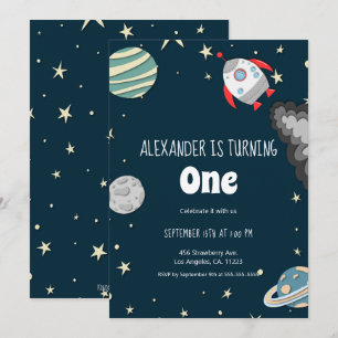 Far Out Rocket and Planets Boy First Birthday Invitation