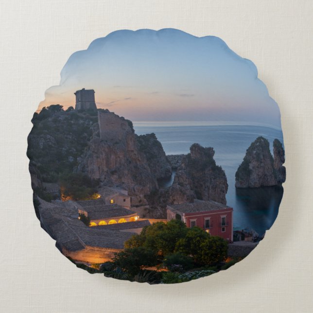 Faraglioni and Tonnara in Scopello, Sicily Round Pillow (Front)