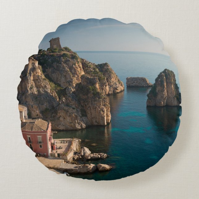 Faraglioni and Tonnara in Scopello, Sicily Round Pillow (Front)