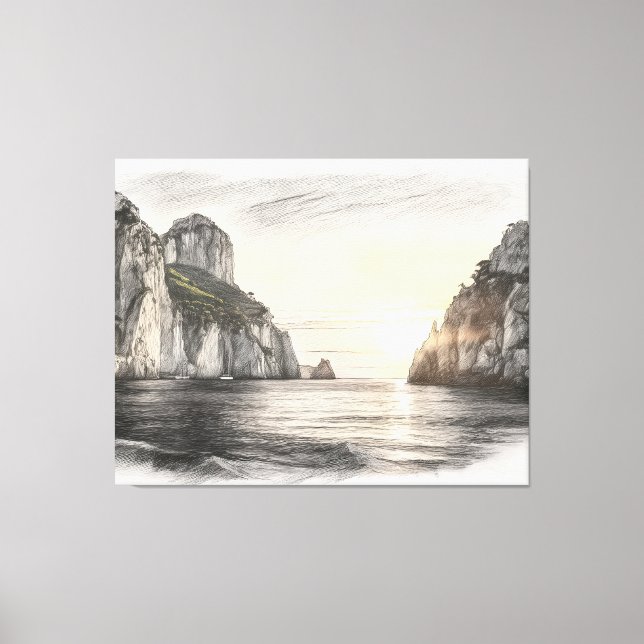 Faraglioni cliffs over capri sea sunset drawing canvas print (Front)