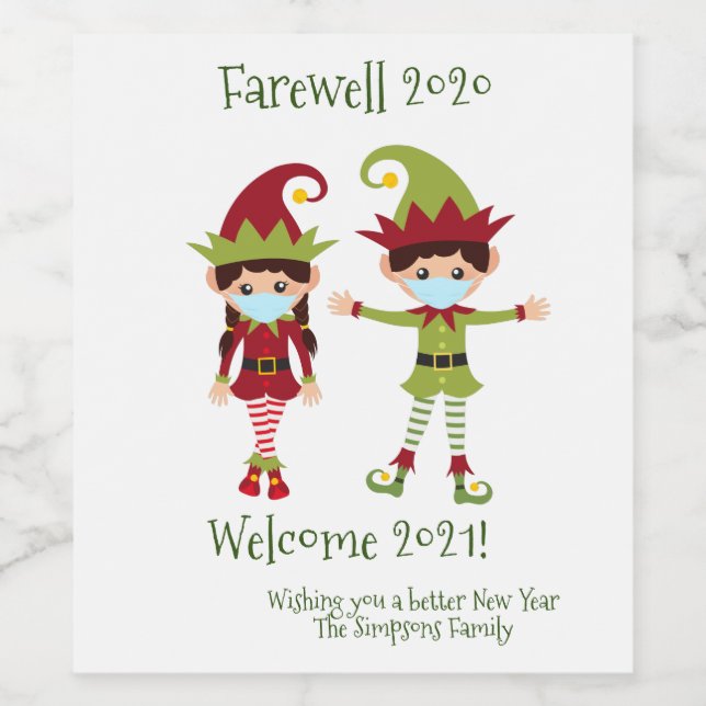 Farewell 2020 Welcome 2021 Holiday Elf Wine Wine Label (Single Label)