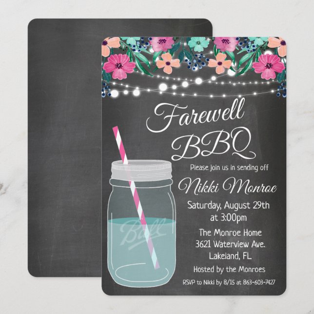 Farewell BBQ Mason Jar Invitation (Devant / Derrière)
