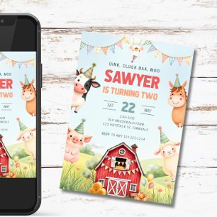 Farm 2nd Birthday Invitation, Two Year Old Birthda Invitation