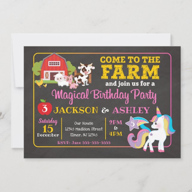 Farm and Unicorn Joint Birthday Invitation (Front)