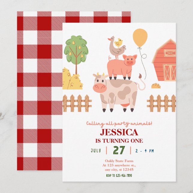 Farm animal 1st birthday invitation (Front/Back)