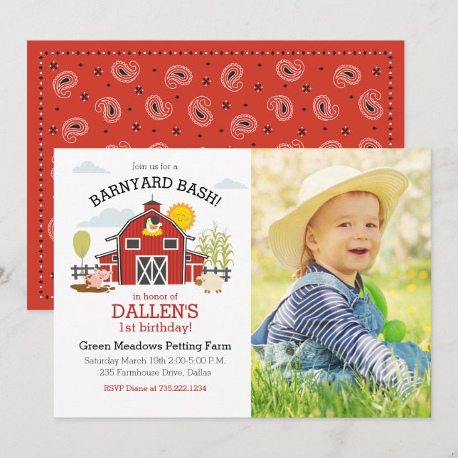 Farm Animal 1st birthday photo Invitation (Front/Back)