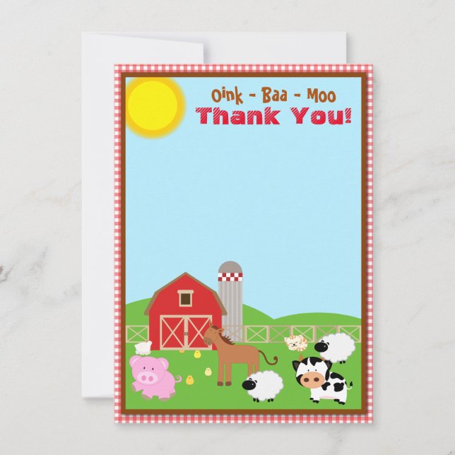 Farm Animal Barnyard Birthday Baby Shower Thank You Card (Front)