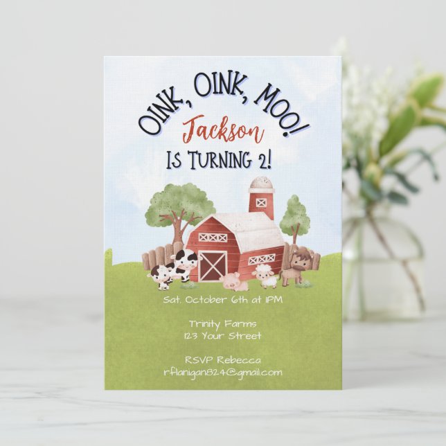 Farm Animal Barnyard Second Birthday Invitation (Standing Front)
