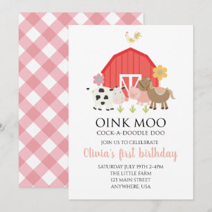 Farm animal birthday invitation with pink plaid