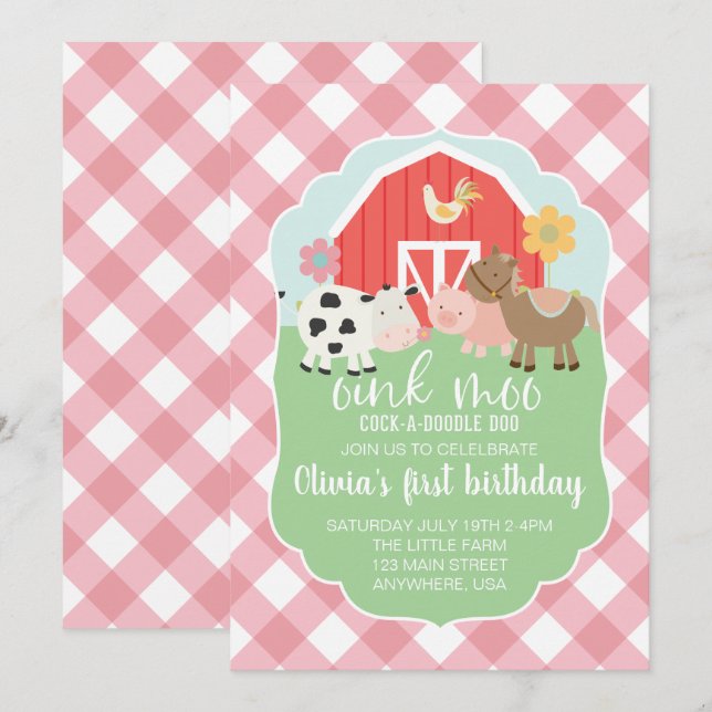 Farm animal birthday invitation with pink plaid (Front/Back)