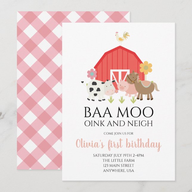 Farm animal birthday invitation with pink plaid (Front/Back)