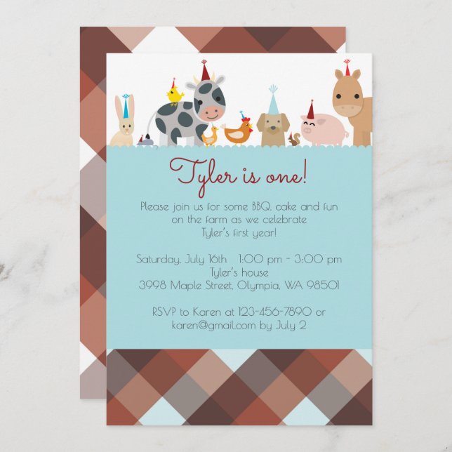 Farm Animal Birthday Party Invitation - Boy Colour (Front/Back)