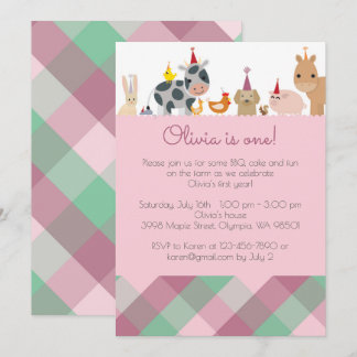 Farm Animal Birthday Party Invitation - Girl Colou