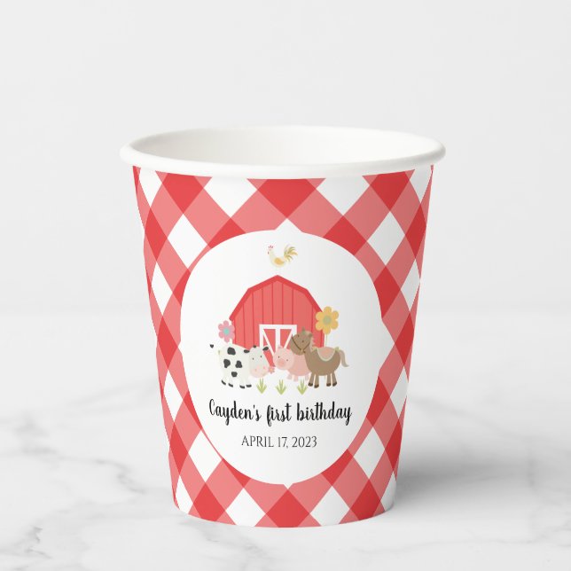 Farm Animal Birthday red plaid Paper Cups (Front)