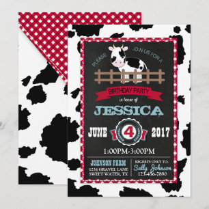 Farm Animal Cow Cowhide Gingham Country Birthday Invitation