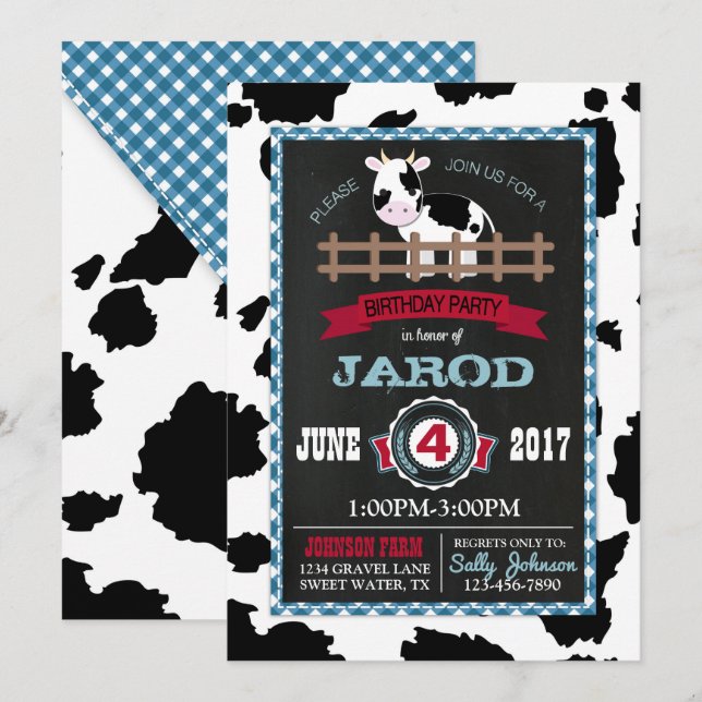 Farm Animal Cowhide Gingham Country Boy Birthday Invitation (Front/Back)