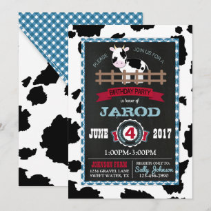Farm Animal Cowhide Gingham Country Boy Birthday Invitation